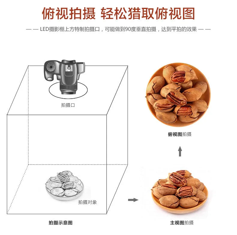 60cm LED photo studio box kit in black with foldable tent, built-in light panel, and backdrop for product photography