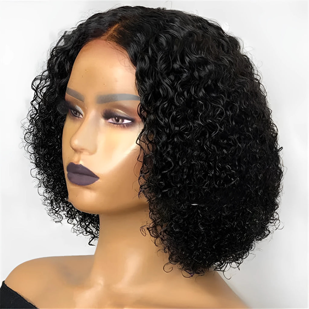 BOB Kinky Curly real hair wig for ladies, short black colour with Qi bangs, 150% density