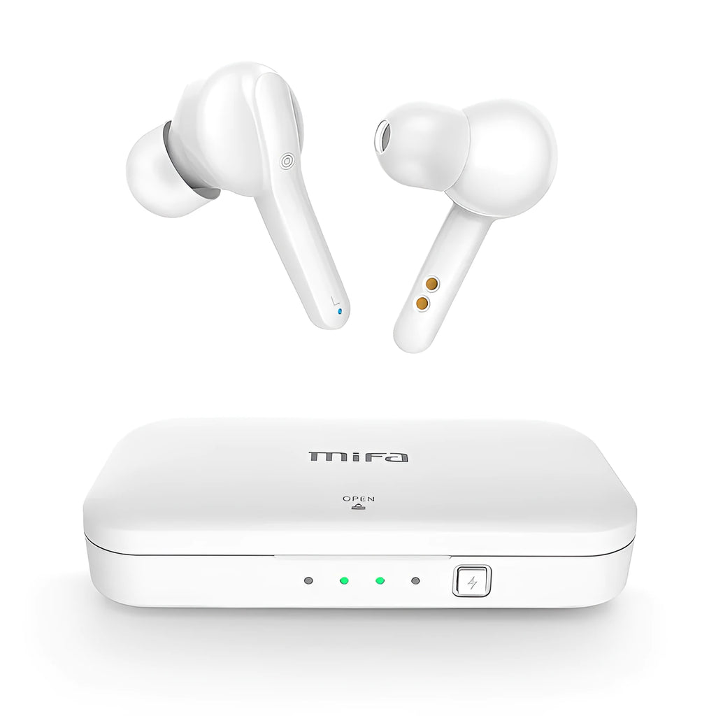 Black and white true wireless Bluetooth earbuds with an IPX5 waterproof rating.