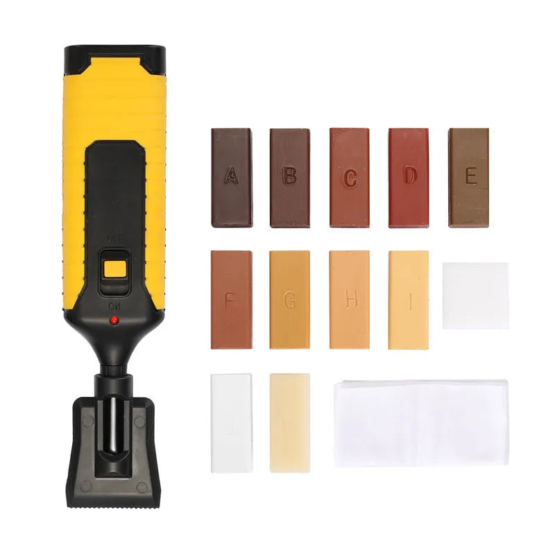 Floor tile repair tool set with red or yellow handle options and wax sticks for DIY furniture restoration