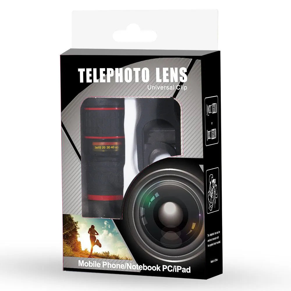 20x magnification smartphone telescope with universal mounting clip and eyepiece mask on a mobile phone.