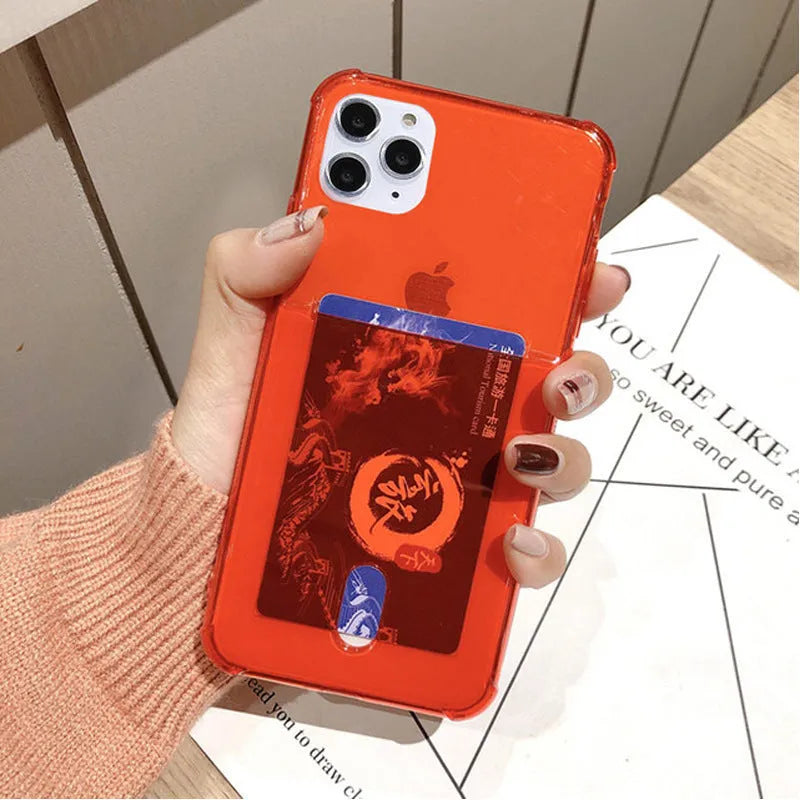 Transparent card holder phone case for Apple iPhone in silicone material showing card storage compartment