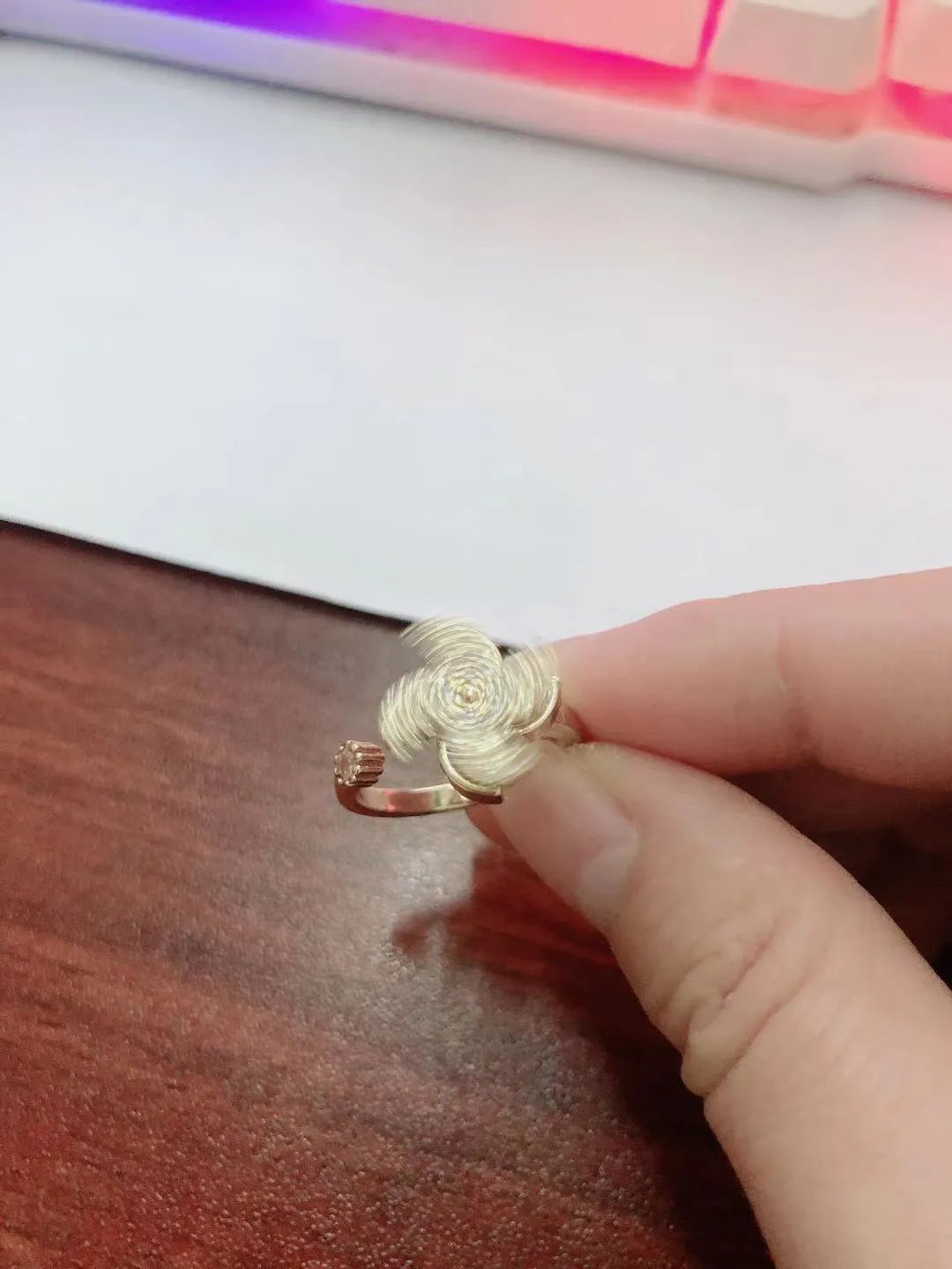 Rotating micro inlaid windmill ring in gold or silver electroplated finish