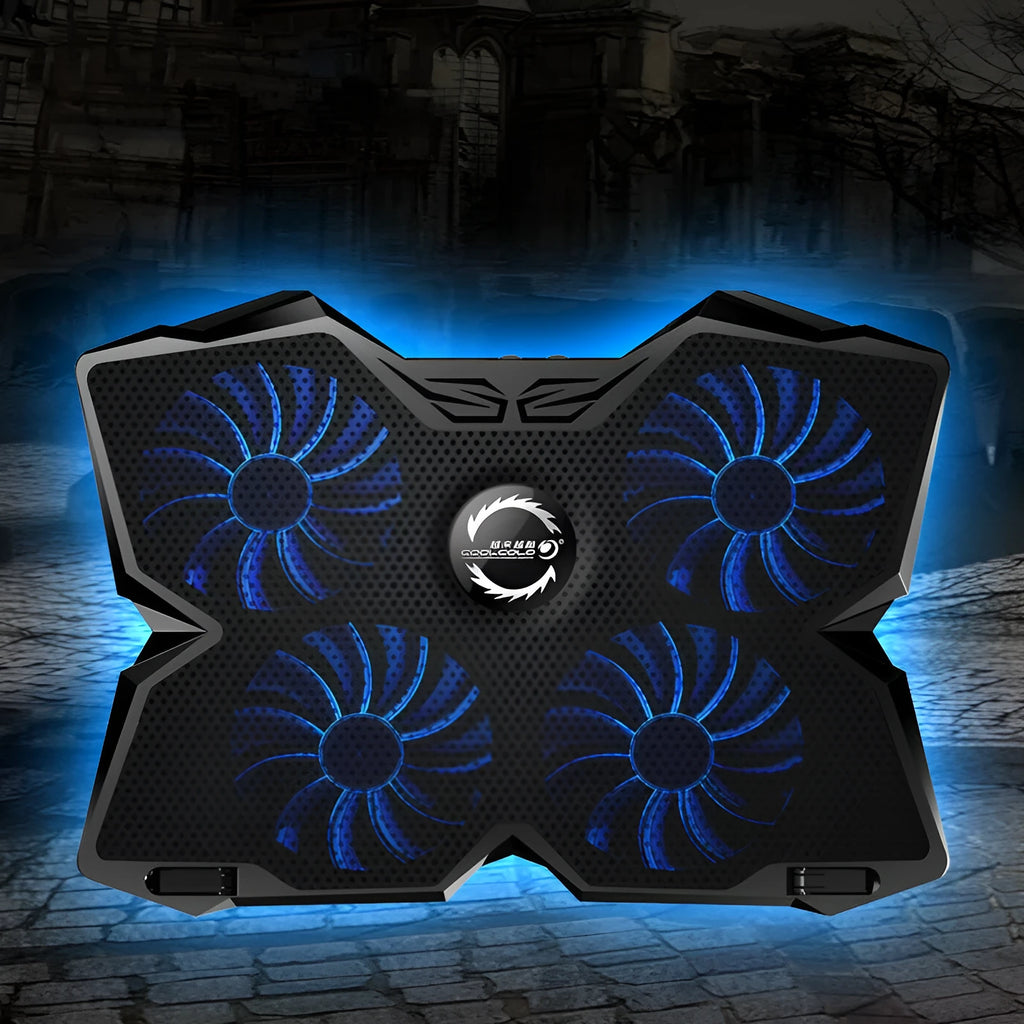 Blue computer cooling base with four LED exhaust fans and visible USB ports