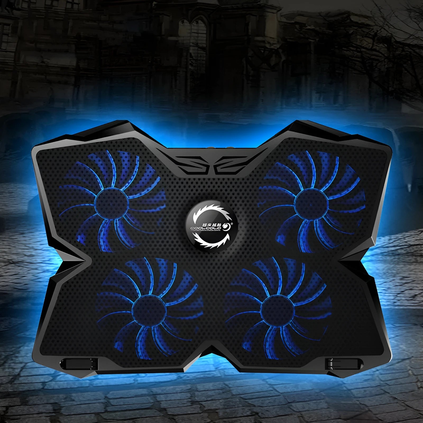 Blue computer cooling base with four LED exhaust fans and visible USB ports