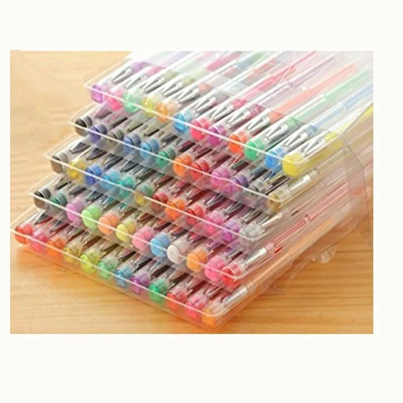 Set of 100 assorted colour gel pens with dual tips, shown in packaging.