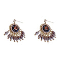 Round crystal tassel earrings with diamond embedded design and thick gold plating in blue or purple colour options