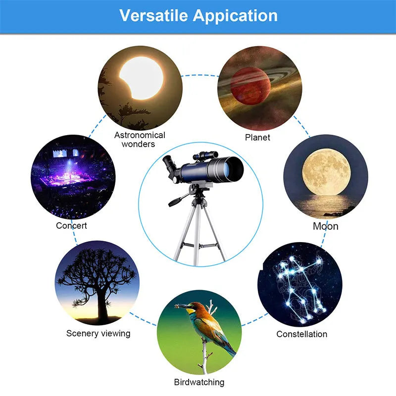 Dark blue 70mm refractor telescope on aluminium tripod with finder scope and two eyepieces