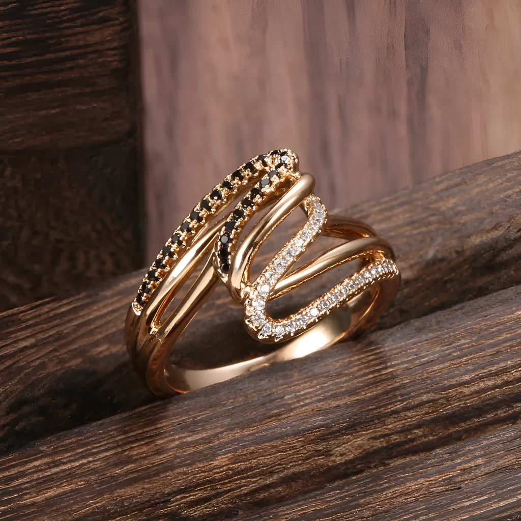 Fashion personality ring with micro-inlaid zircon detailing on copper with electroplated WK2230 finish.