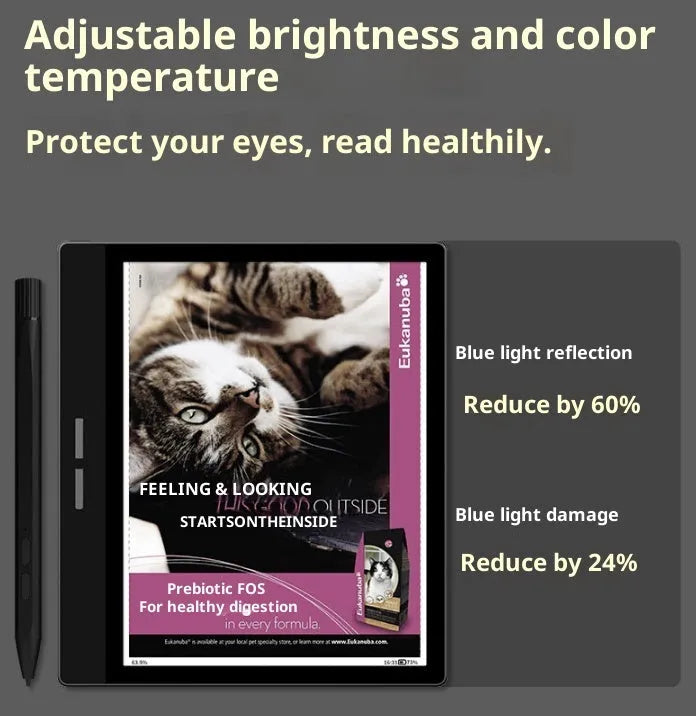 Black 7-inch colour E-ink e-book reader with capacitive stylus on a desk