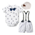 Blue and white cotton baby boy gentleman romper with triangle climbing print and short sleeves.