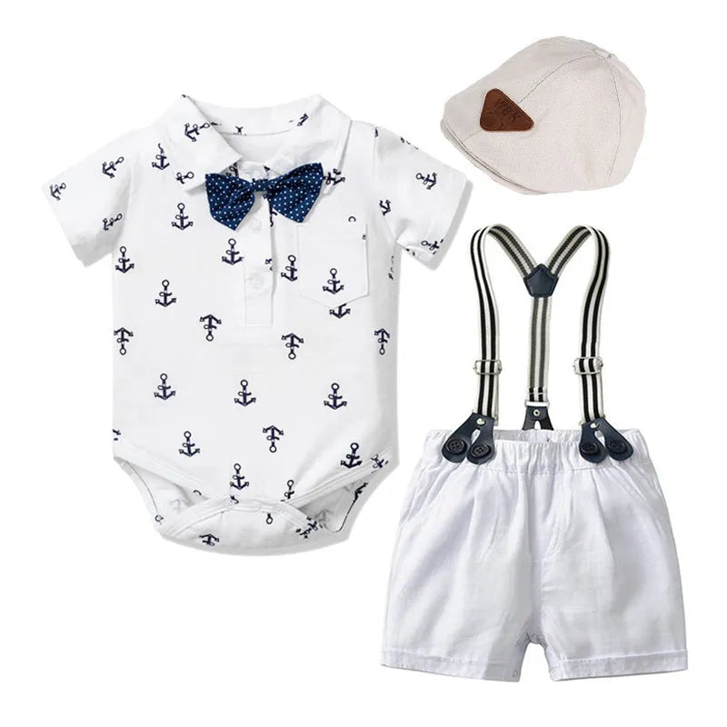 Blue and white cotton baby boy gentleman romper with triangle climbing print and short sleeves.