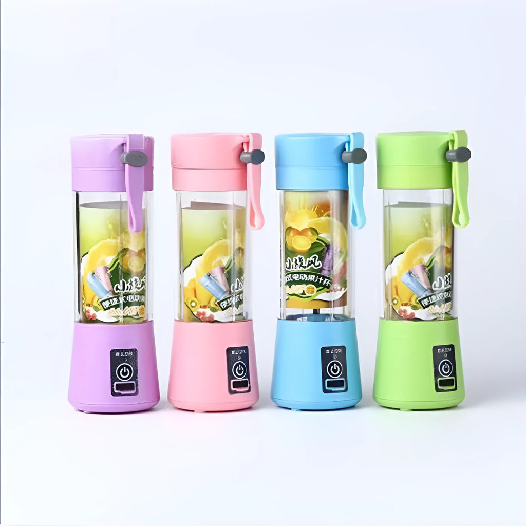 Portable pink USB electric fruit juicer with stainless steel blade and carrying rope