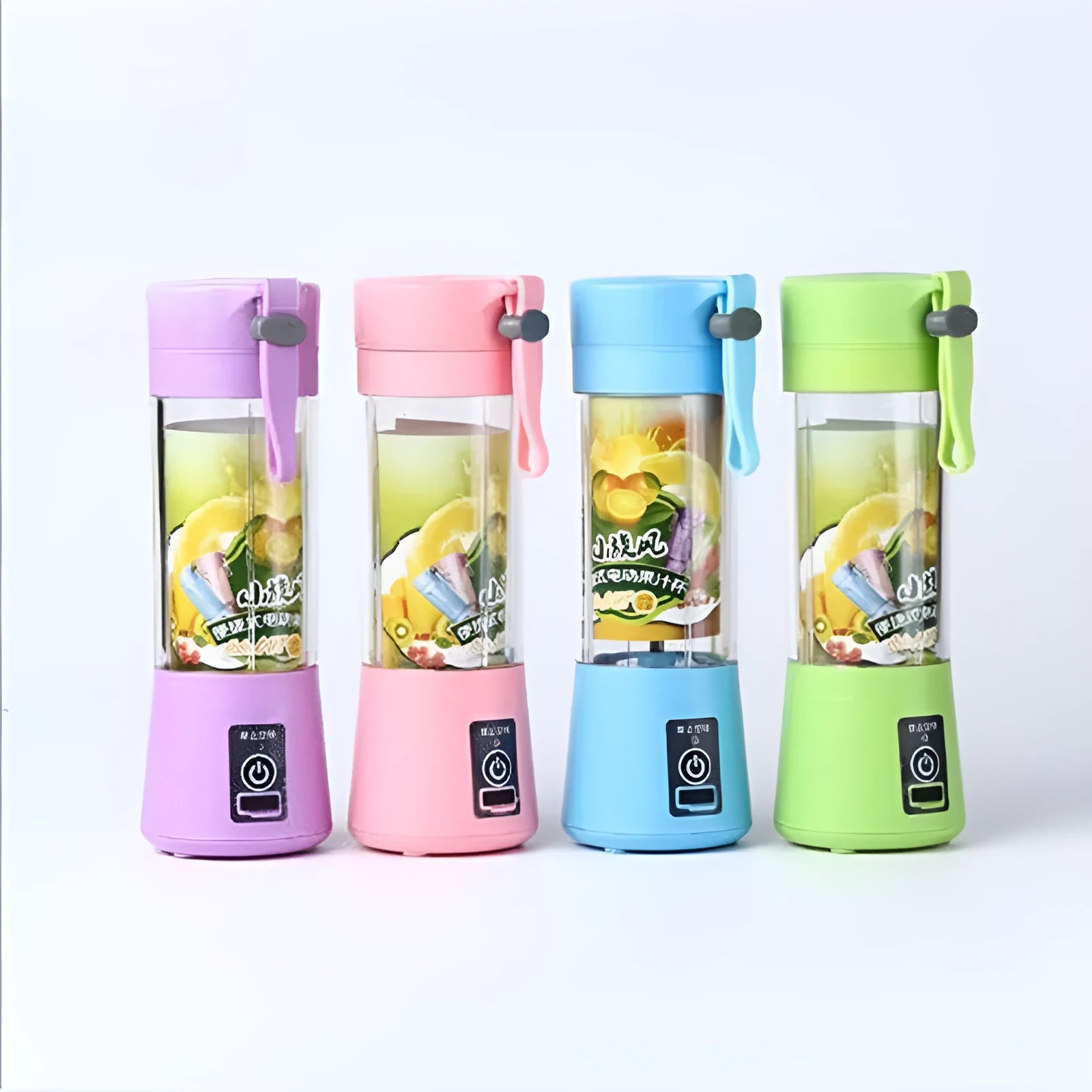 Portable pink USB electric fruit juicer with stainless steel blade and carrying rope