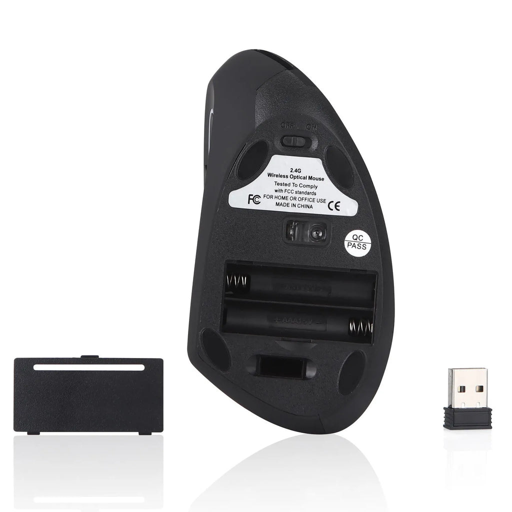 Left hand vertical wireless mouse in black ergonomic design with thumb buttons