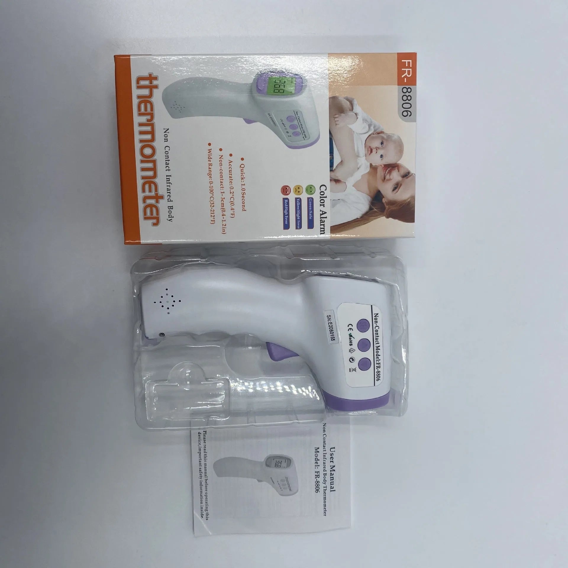 White digital thermometer for non-contact temperature measurement of water and surfaces.