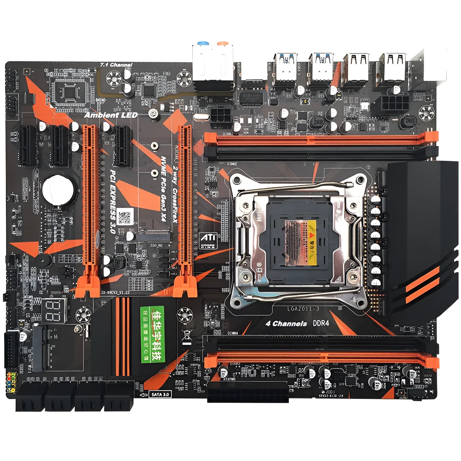 X99 computer motherboard with LGA2011-3 socket, four DDR4 memory slots, and dual PCI-E x16 slots