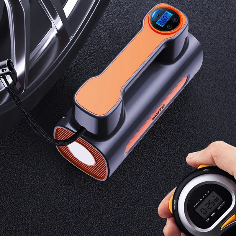 Portable cordless car tyre inflator with digital display showing pressure reading on ABS plastic housing