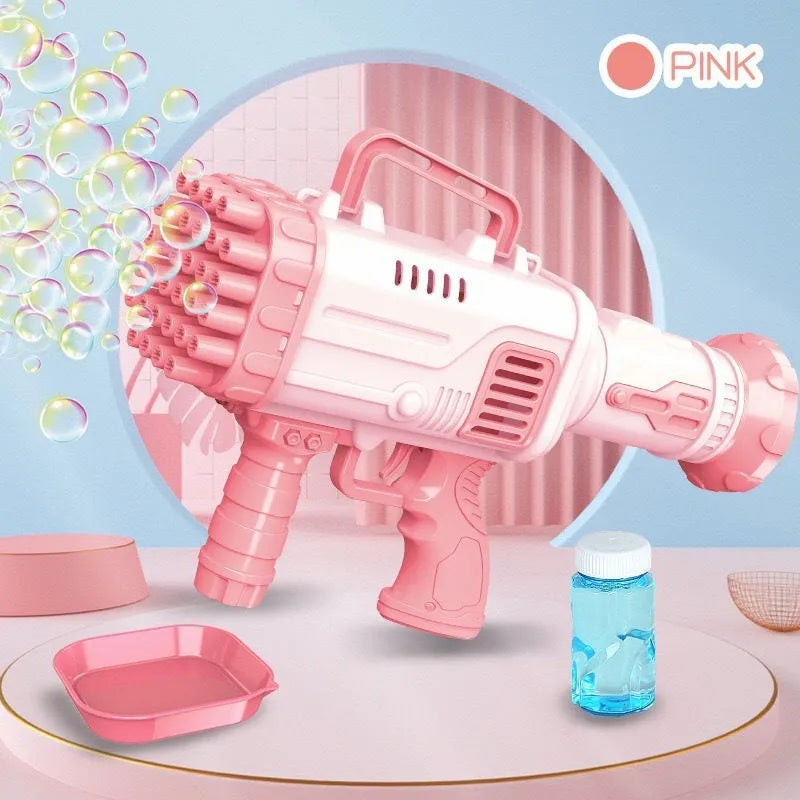 32-hole electric Bazooka bubble machine gun in cherry pink colour with LED illumination