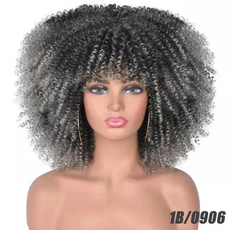 African small curly afro wig headgear in high temperature silk bangs type colour 1B