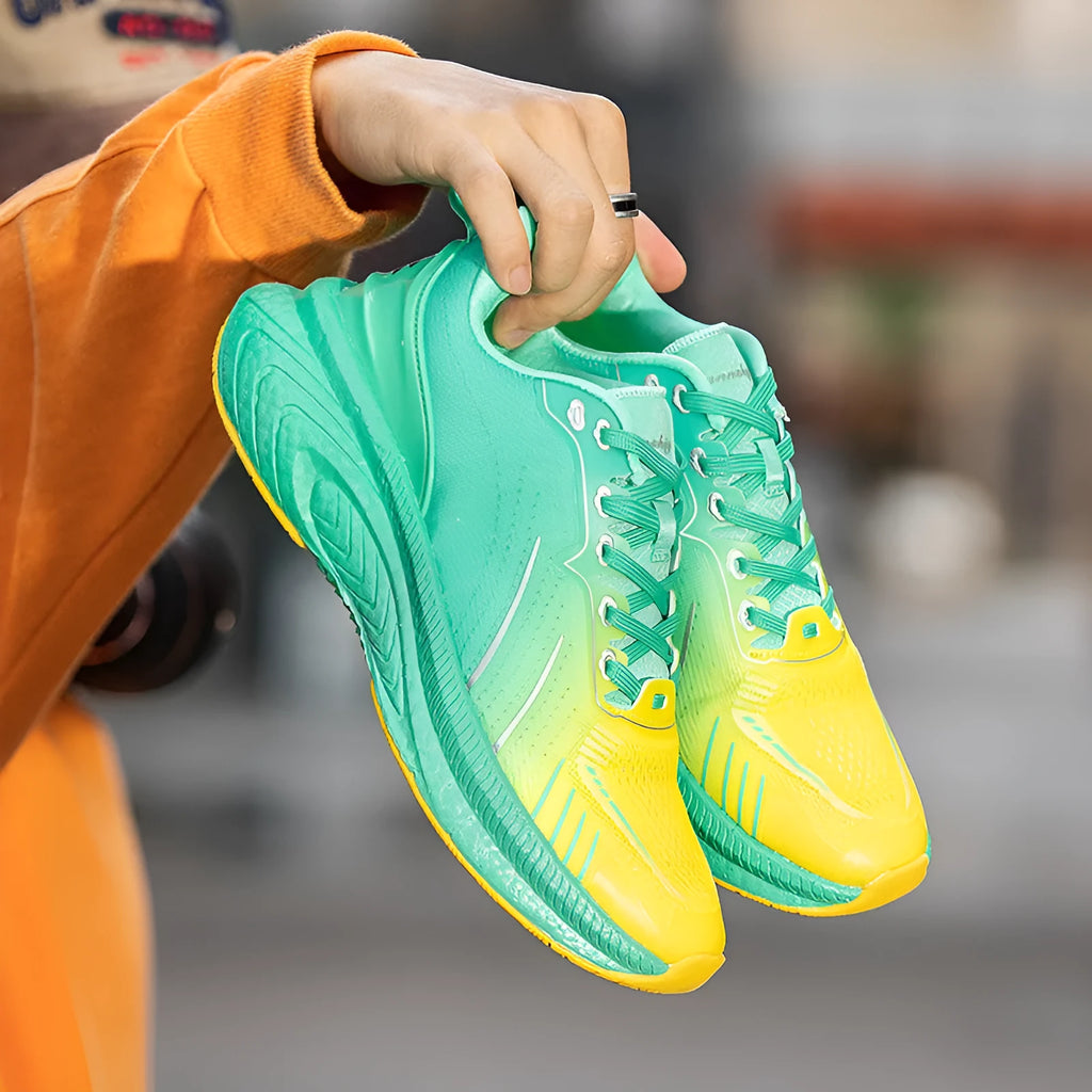 Popcorn thick sole lightweight woven flying running shoes in orange red and orange green colour options