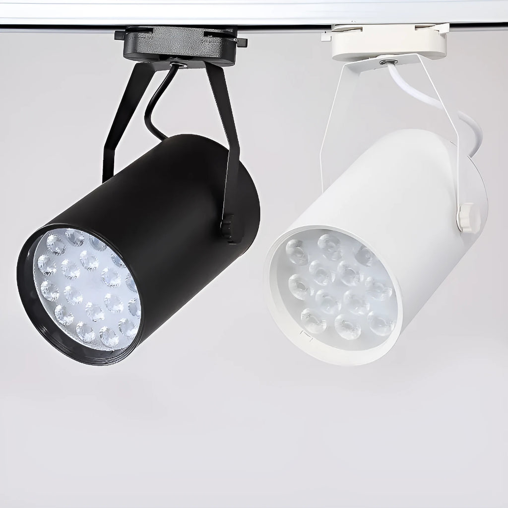LED track spotlight with aluminium shell in black or white, available in 7W 12W 18W power outputs with warm yellow neutral white light options