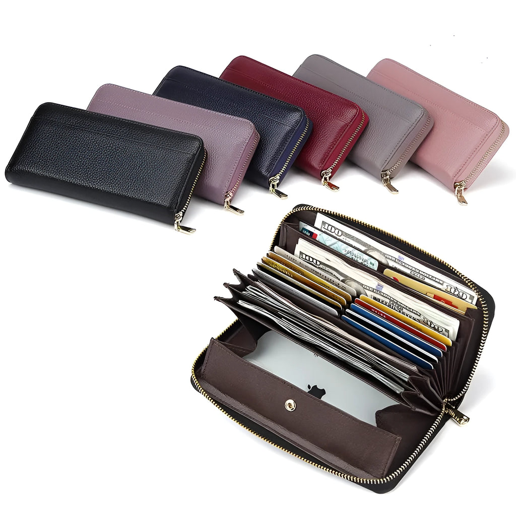 Women's genuine leather RFID anti-theft wallet in six colour options showing interior card slots