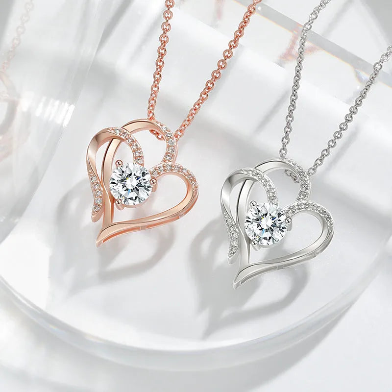 Heart shaped pendant necklace for women in rose gold, white, or yellow finish on a silver chain