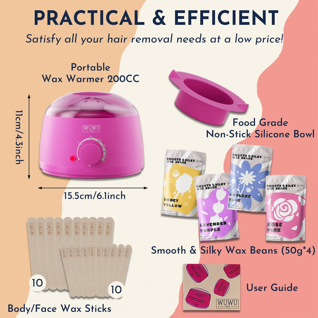 27-piece hair removal waxing kit with four coloured wax beads, applicator sticks, and wax machine for face and body