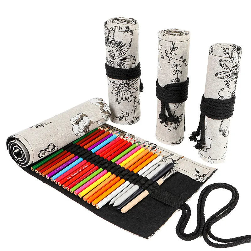 Black Peony printed canvas pencil roll bag open to show 72 holes for pens and pencils