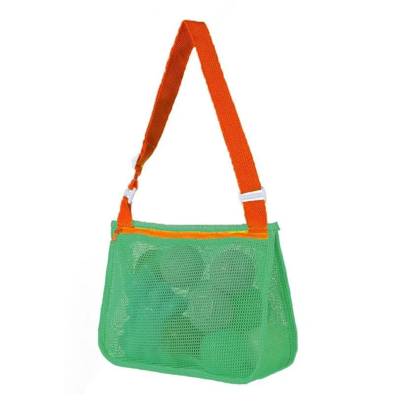 Blue nylon mesh travel storage organiser bag for children's toys and clothing, sealed, measuring 20x25x8cm.