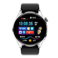 Smart watch with round colour screen on a black silicone strap showing call interface.