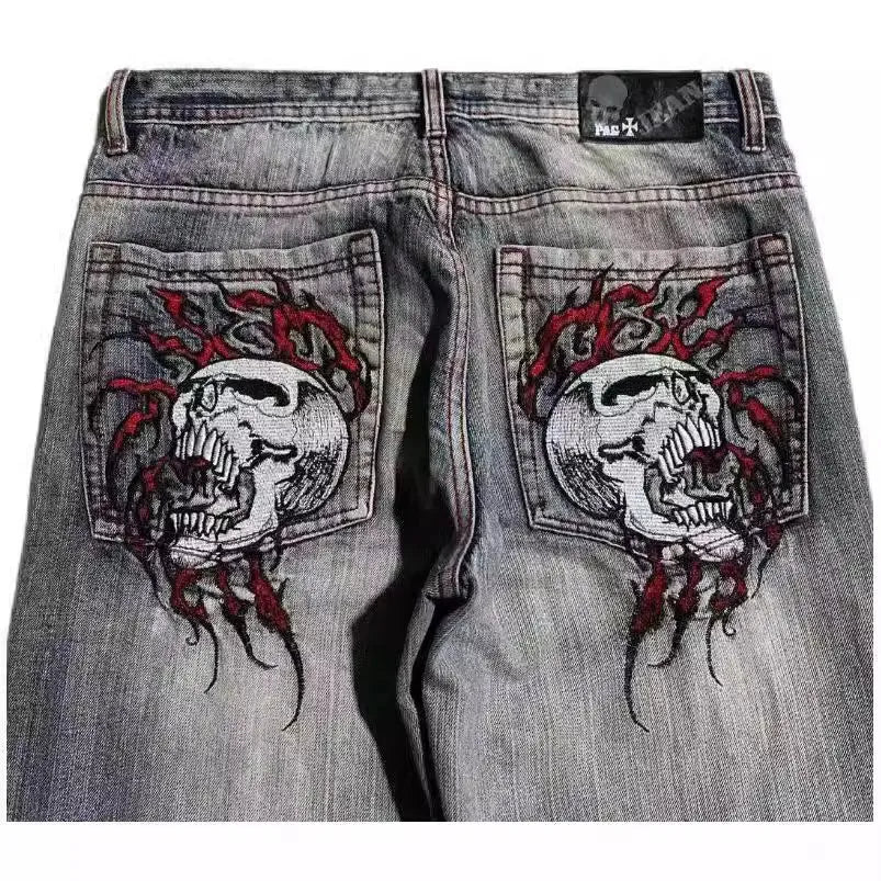 Men's grey washed-out wide-leg jeans with a retro workwear design and straight-leg silhouette.