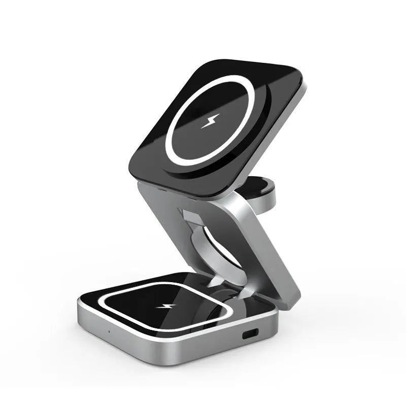 Folding three-in-one wireless charging bracket with magnetic ring on desktop
