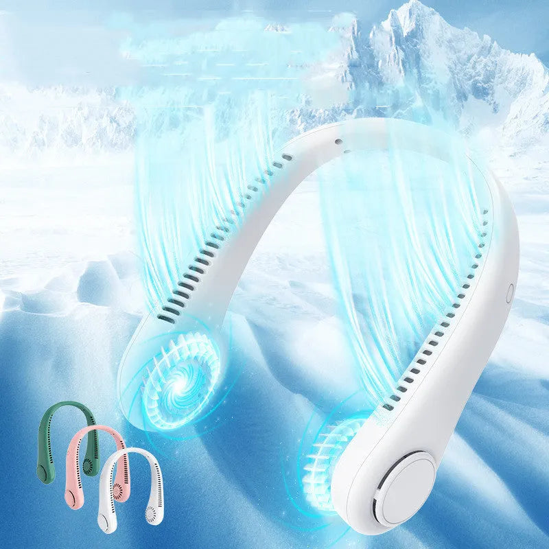 White bladeless rechargeable neck fan hanging on a person, showing its wearable design.
