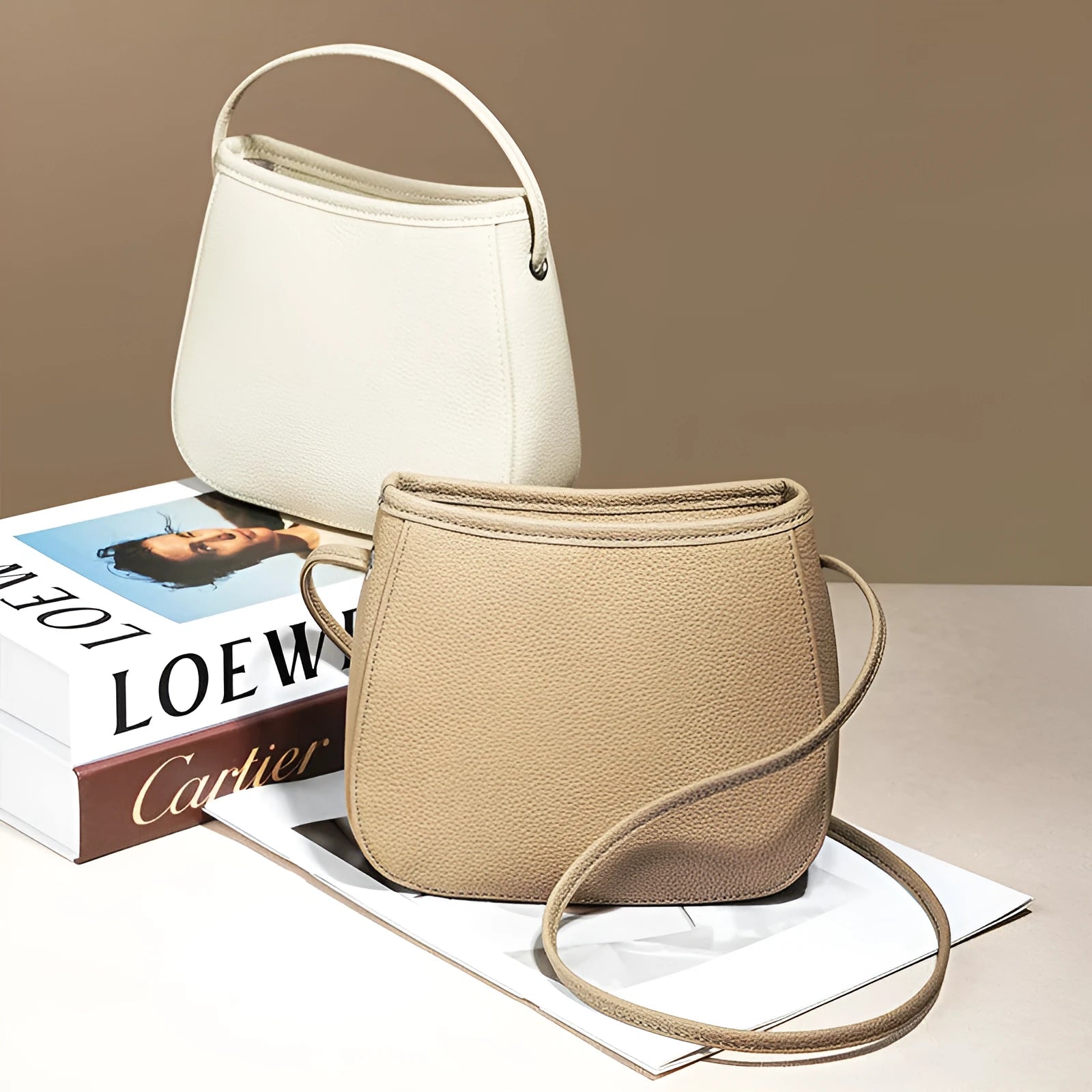 Women's genuine cowhide leather messenger bag in square vertical model with internal organiser compartments