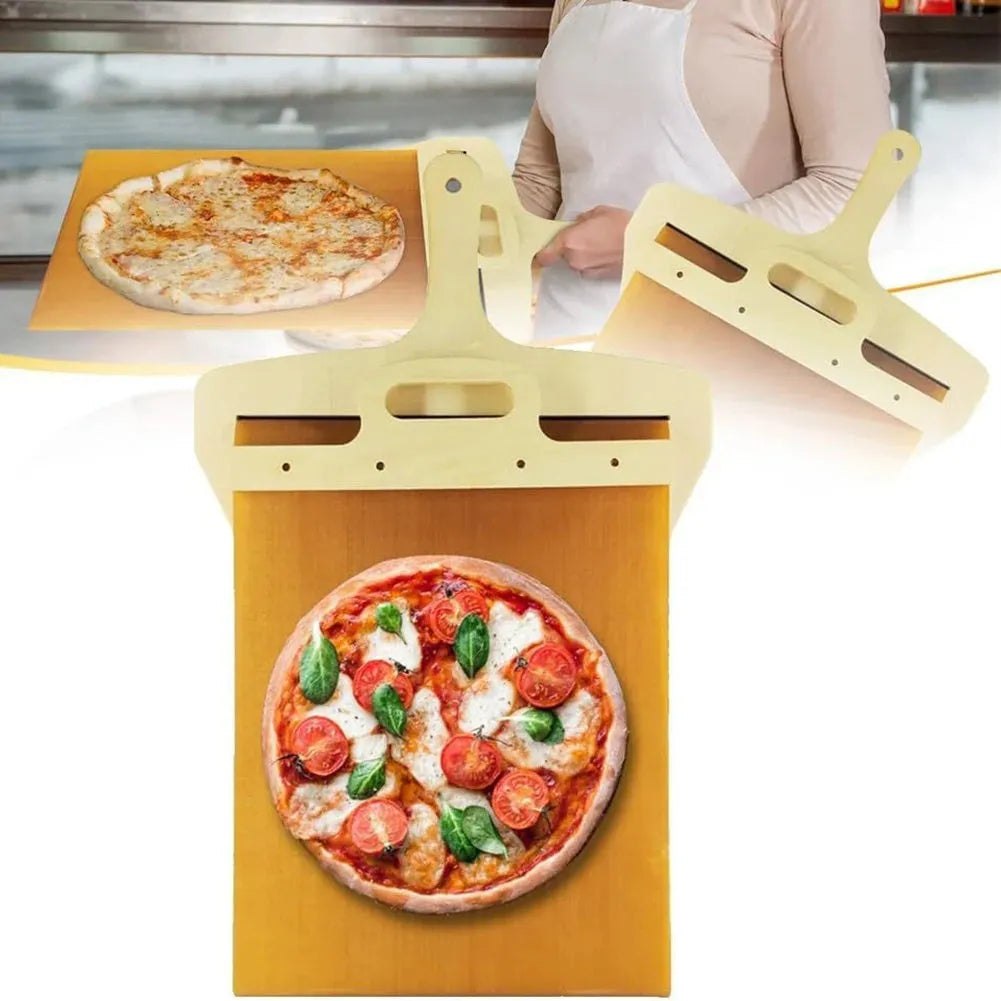 Food-grade PP plastic pizza transfer shovel on a kitchen counter, showing its size and hanging hole.