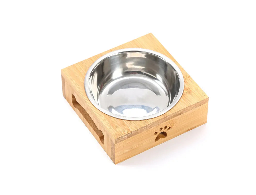 Solid wood pet dining table with stainless steel bowls in bamboo colour for elevated pet feeding