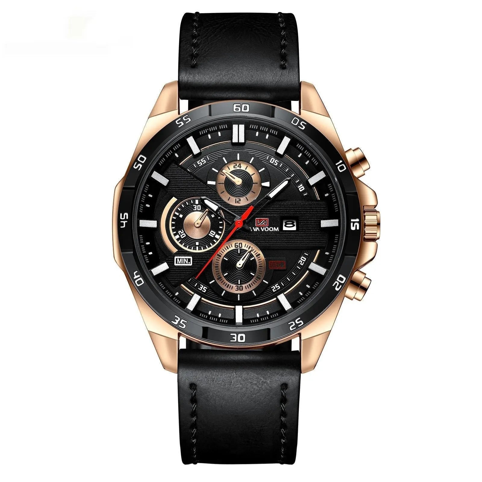 Men's waterproof quartz watch with calendar on brown leather strap.