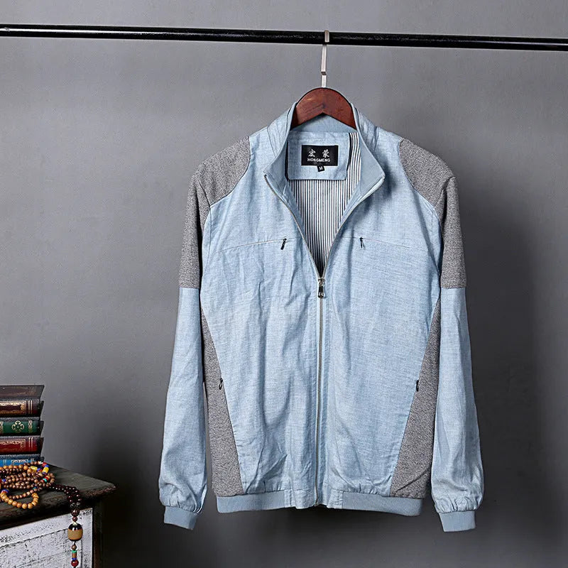 Men's thin heather grey linen jacket on a hanger, showing regular fit and colour block detail.