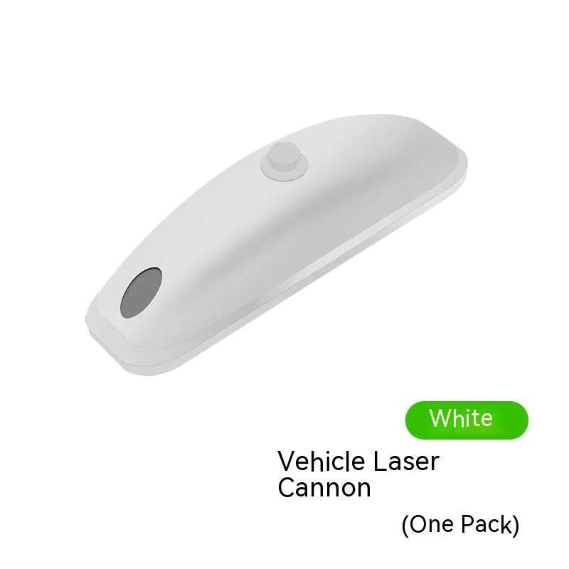 Black vehicle-mounted laser lamp with remote control and USB charging cable on a car dashboard.