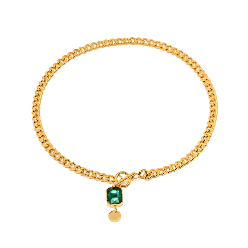 Women's French retro emerald zircon pendant necklace with gold electroplated titanium steel Cuban chain