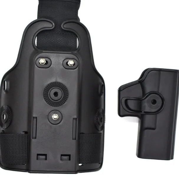 Black tactical plastic leg holster with quick-pull flap and MOLLE webbing on a belt.