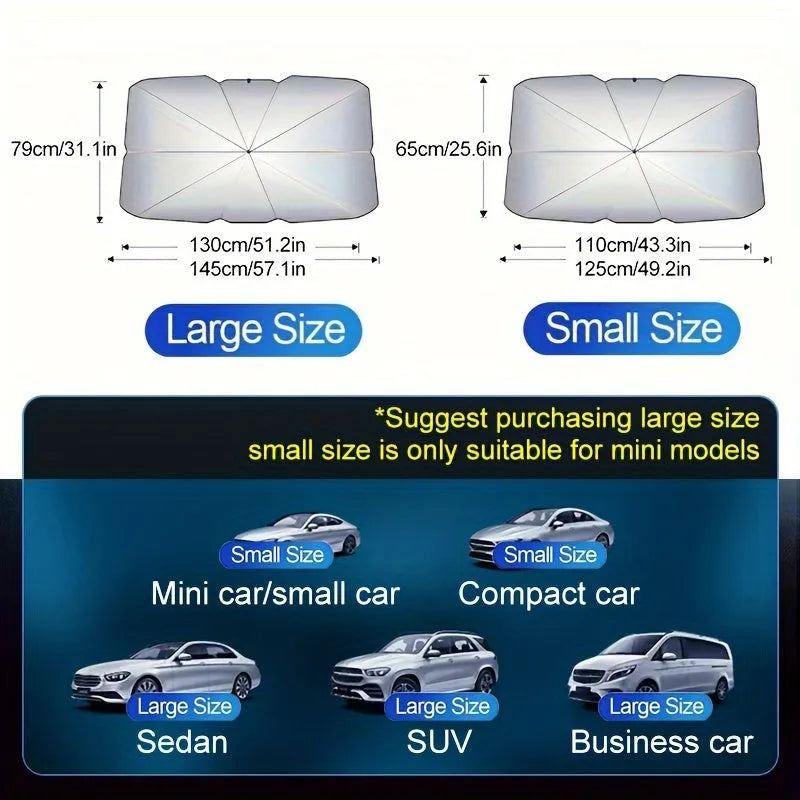 Open foldable car windshield sunshade umbrella placed against a car windscreen.