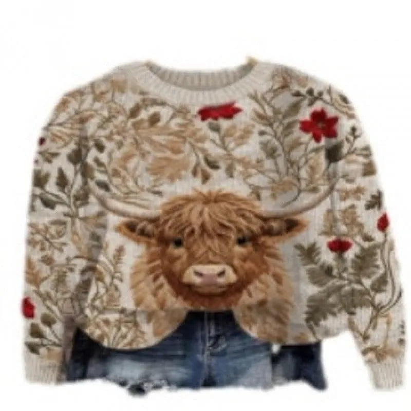 Digital printed floral pattern on a round neck polyester sweater, shown in one of multiple available colours.
