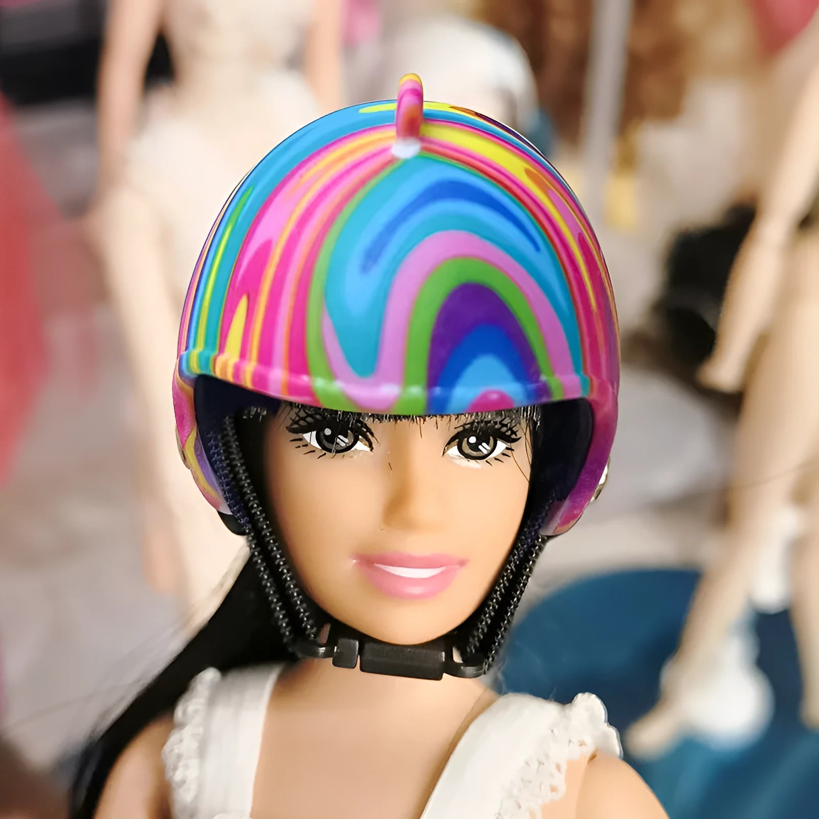 Plastic chicken helmet pet accessory in various colours and designs for poultry headgear.
