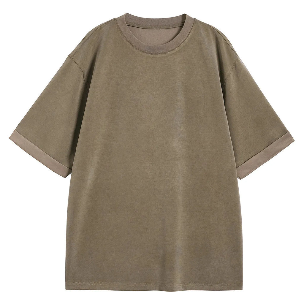 Men's brown drape knit loose fit casual T-shirt with short sleeves and solid colour design