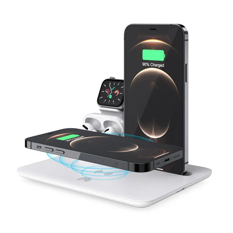 Black desktop wireless charging station with phone on pad, showing watch and headphone charging ports.