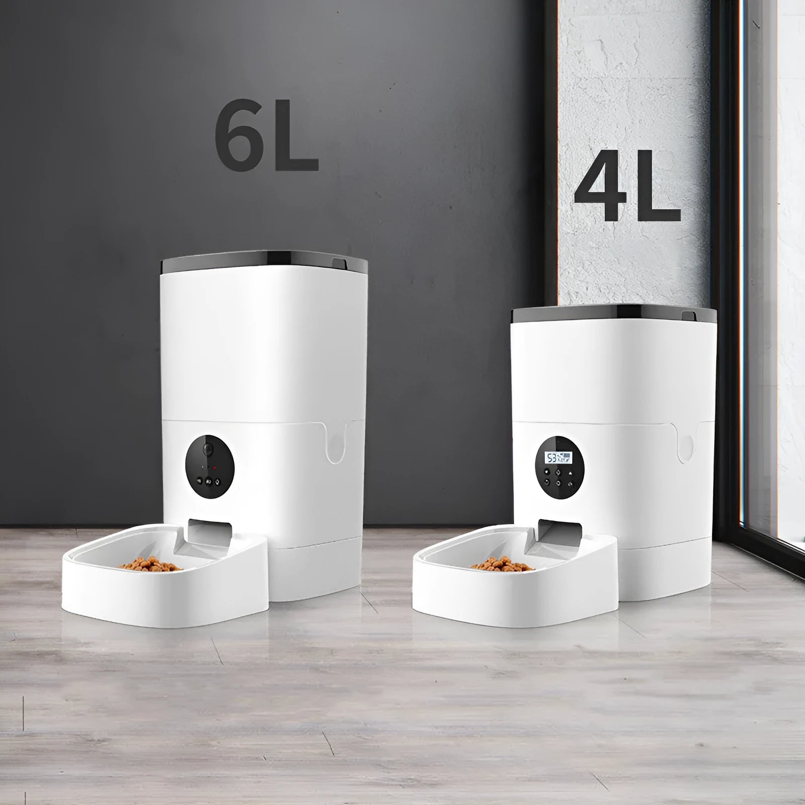 White smart pet automatic feeder with 6 litre capacity, stainless steel tray, and digital timer on a kitchen counter