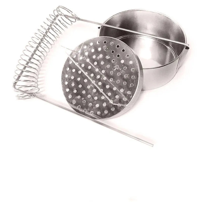 Silver stainless steel oil painting pen washer with a spring clip for holding brushes.